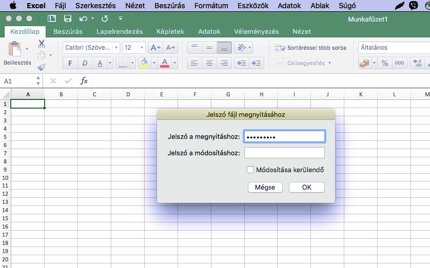 11. ábra Megnyitási jelszó beállítása Mac Microsoft Excel 2016 szövegszerkesztőben A képen látható Mac Microsoft Excel 2016 verzióban a File menü / Jelszavak menüpontra történő kattintással jelenik