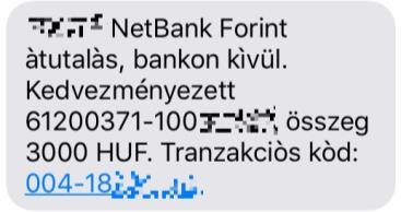 45. ábra Tranzakció hitelesítő SMS üzenet Mivel ez minden esetben a felhasználó telefonszámára érkezik meg, még ha egy támadónak sikerült is belépnie a felhasználó netbankjába, ha az utaláshoz