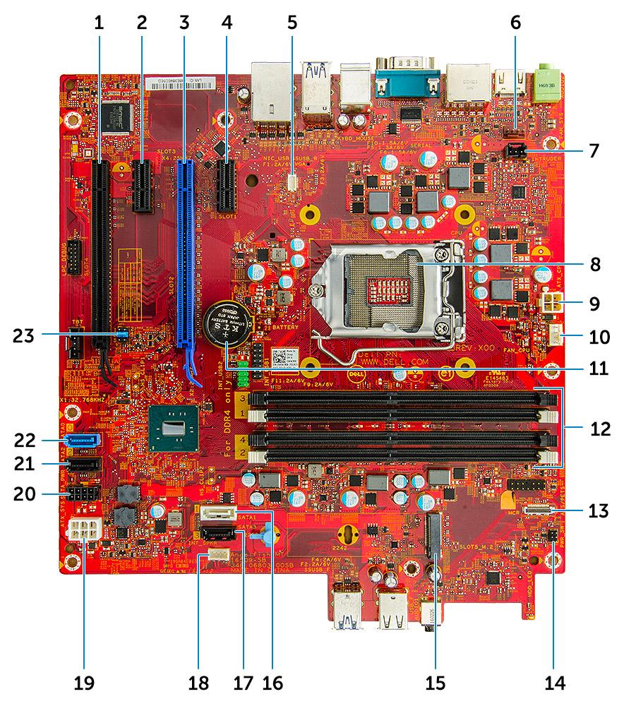 Az alaplap elrendezése 1 PCIe x16 (x4) csatlakozó (Slot4) 2 PCIe x1 csatlakozó (Slot3) 3 PCIe x16 csatlakozó (Slot2) 4 PCI-eX1 csatlakozó (Slot1) 5 VGA bővítőkártya-csatlakozó (VGA) 6