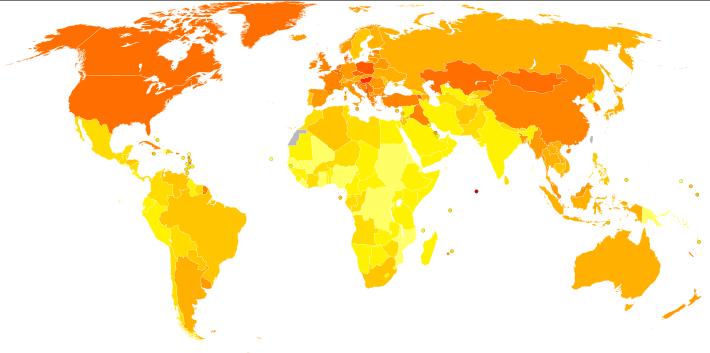 és a világon Age-stadardized death from tracheal, bronchial, and lung cancers per 100,000 inhabitants in 2004