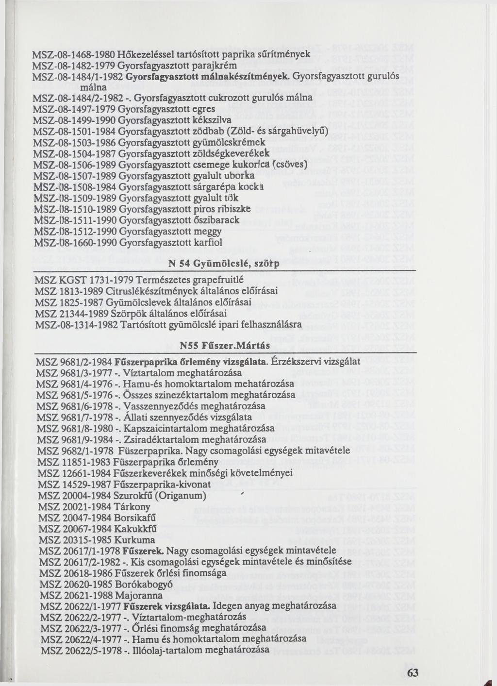 MSZ-08-1468-1980 Hőkezeléssel tartósított paprika sűrítmények MSZ-08-1482-1979 Gyorsfagyasztott parajkrém MSZ-08-1484/1-1982 Gyorsfagyasztott málnakészítmények.