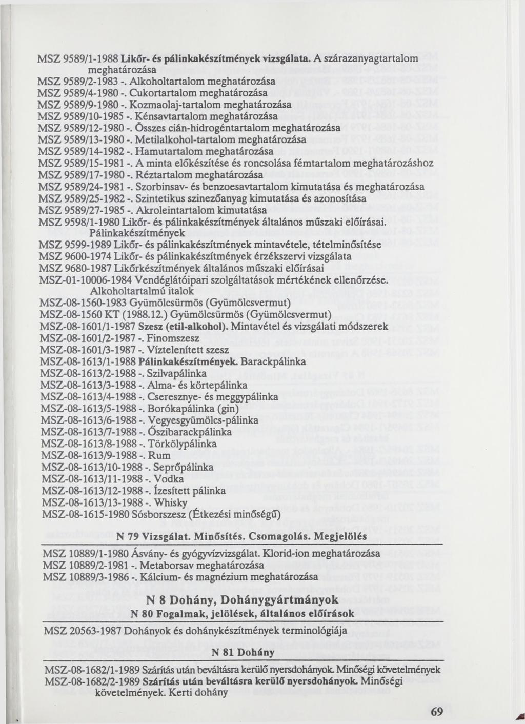 MSZ 9589/1-1988 Likőr- és pálinkakészítmények vizsgálata. A szárazanyagtartalom MSZ 9589/2-1983 -. Alkoholtartalom MSZ 9589/4-1980 -. Cukortartalom MSZ 9589/9-1980 -.