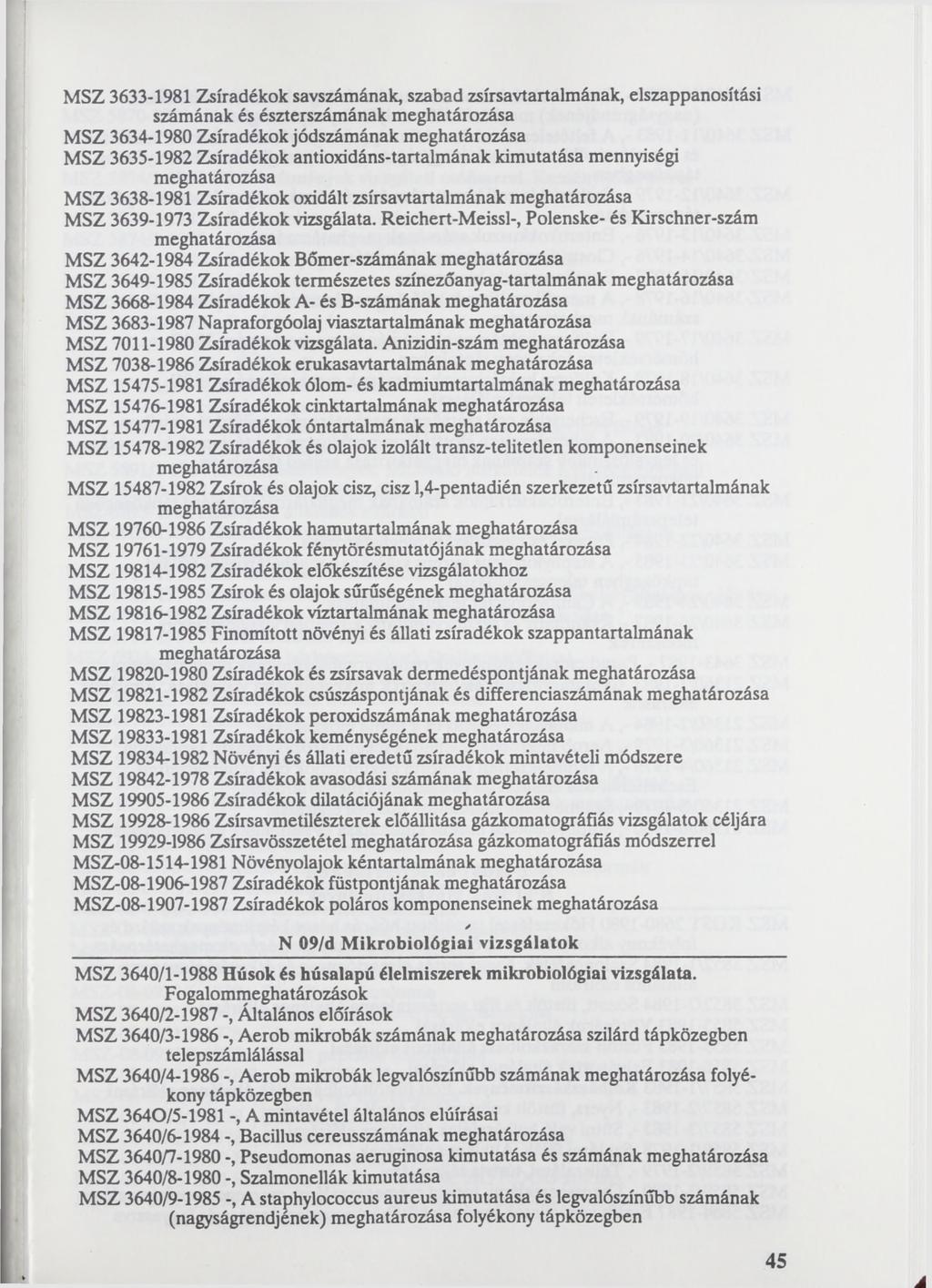 MSZ 3633-1981 Zsiradékok savszámának, szabad zsírsavtartalmának, elszappanosítási számának és észterszámának MSZ 3634-1980 Zsiradékok jódszámának MSZ 3635-1982 Zsiradékok antioxidáns-tartalmának
