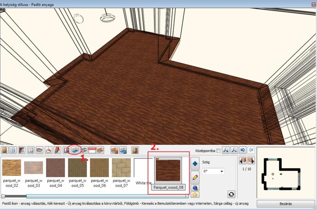 28 1. Lecke: Nappali tervezés 1.4.11. Padló anyaga Válassza ki a padló anyagát a széles kínálatból. Kattintson a Padló anyaga ikonra az Eszköztárban (1).