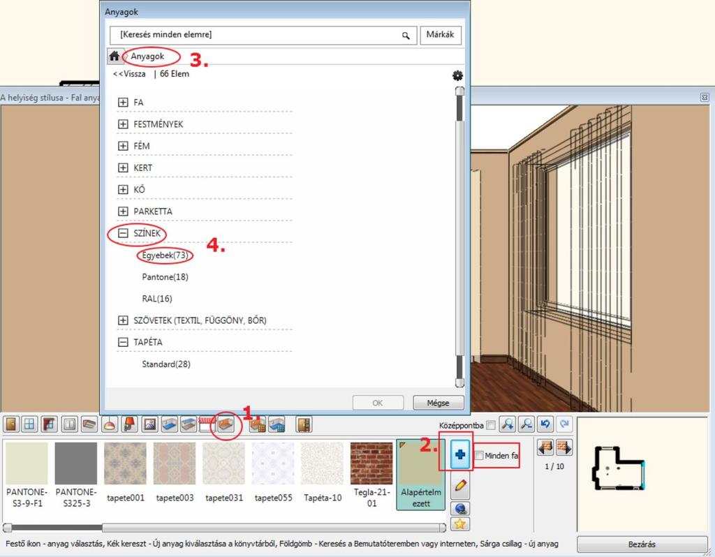 1. Lecke: Nappali tervezés 29 1.4.12. Fal anyaga A falak anyaga egyesével vagy akár egyszerre is módosítható. A könyvtárból választhat tapétákat vagy színeket. Letölthet tapétákat az ARCHLine.