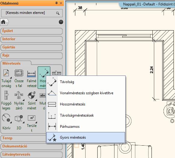 38 1. Lecke: Nappali tervezés Ezután a fal és nyílászáró méretezéseket egy lépésben fogjuk elhelyezni a teljes terven. Válassza ki az Oldalmenü / Méretezés / Falméretezés utasítást (1).