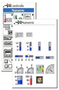 5. Adattípusok és műveletek 5.1. Numerikus elemek A Controls Palette (2.14. ábra) egyik táblája a Numeric Contols (5.1. ábra). Itt találhatjuk meg azokat az elemeket, melyek valamilyen szám típusú adattal dolgoznak.