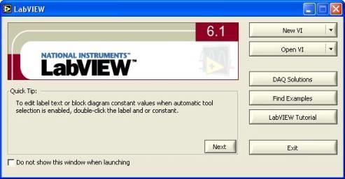 2. A LabVIEW alkalmazásfejlesztő rendszer bemutatása 2.1. ábra. A LabVIEW indulóképe 2.1. Program főbb egységei Front panel (2.2. ábra): itt alakítjuk ki a felhasználói felületet, melyen elhelyezhetjük a műszereinket.