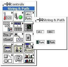 5.8. Szöveg típusú elemek A szöveg típusú adat bemeneti és kimeneti elemek a Controls paletta String & Path tábláján találhatók (5.48. ábra).