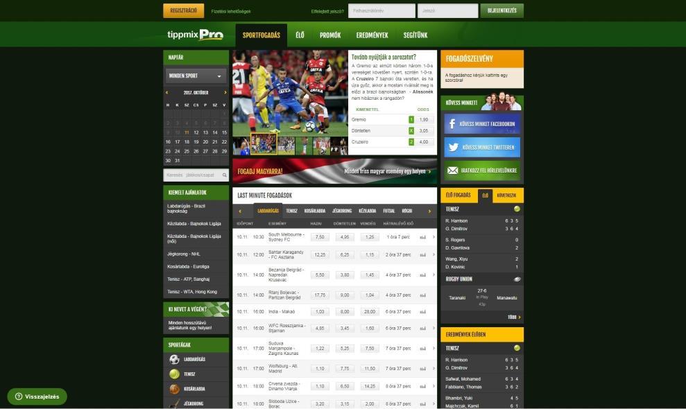 II. A TIPPMIXPRO SPORTFOGDÁS Az interneten a fogadási rendszerbe történő bejelentkezés nélkül is elérhetők a következő információk és használhatóak az alábbi funkciók: - a fogadási ajánlat tallózható