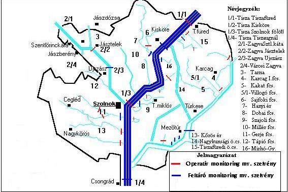 62 Felszíni vizek megfigyelése, monitorozása A Közép-Tisza vidéken meghatározott víztestek monitorozására 212-ben 37 mintavételi hely került kijelölésre, melyek közül 12 db feltáró, illetve 25