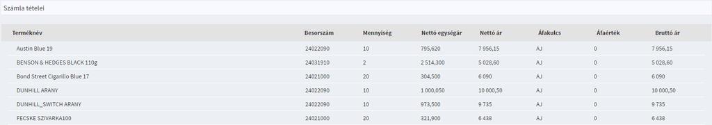 17. ábra Számla tételei 5 Szállítói tanúsítvány importálása A menüre kattintva egy letöltő ablak fog megjelenni, ahol a tanúsítvány mentését kell kezdeményezni, majd kiválasztani a
