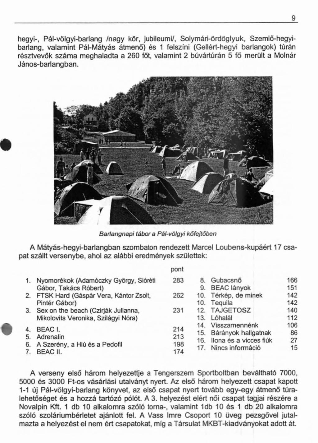 9 hegyi-, Pál-völgyi-barlang /nagy kör, jubileumi/, Solymári-ördöglyuk, Szemlő-hegyibarlang, valamint Pál-Mátyás átmenő) és 1 felszíni (Gellért-hegyi barlangok) túrán résztvevők száma meghaladta a