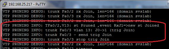 VTP pruning (3) A debug üzenetek mutatják, hogy a szomszéd switchben van valaki a 13mas VLANban, így