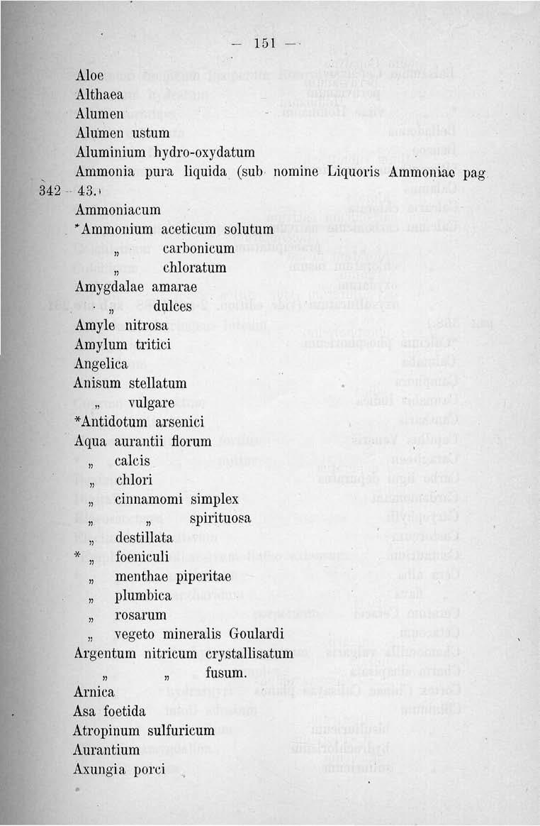 151 - Aloe Althaea Alumen Alumen ustum Alumínium hydro-oxydatum Ammónia púra liquida (sub nomine Liquoris Ammoiiiac pag 342 43.