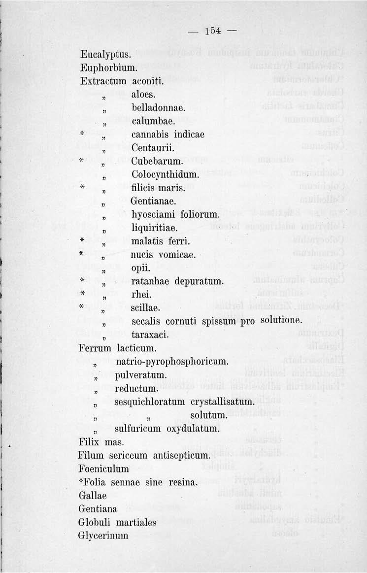 154 Eucalyptus. Euphorbium. Extractum aconiti. aloes. belladonnae. calumbae. * cannabis indicae Centaurii. * Cubebarum. Colocynthidum. * tilicis maris. Gentianae. hyosciami foliorum. liquiritiae.