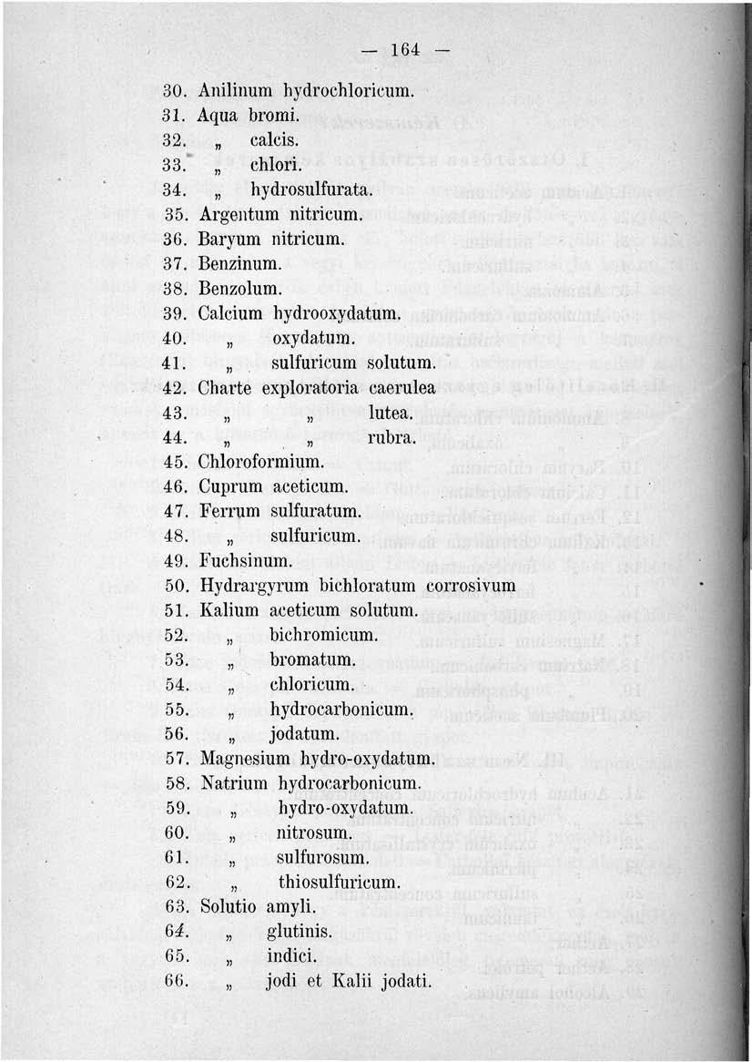 - 164-30. Anilinum hydrochlorieum. 31. Aqua bromi. 32. calcis. 33. chlori. 34. hydrosulfurata. 35. Argentum nitricum. 36. Baryum nitricum. 37. Benzinum. 38. Benzolum. 39. Calcium hydrooxydatum. 40.