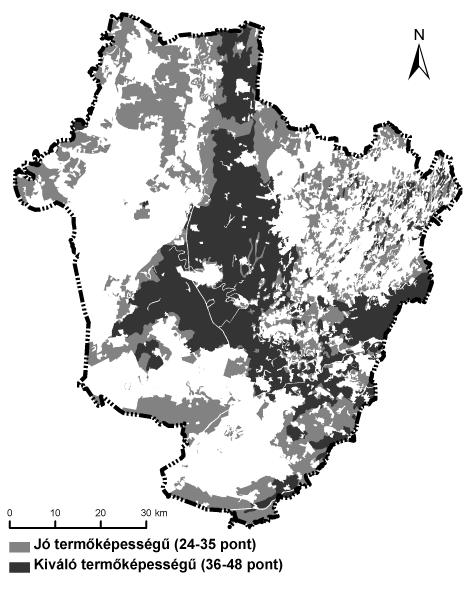 9. ábra. Cukorcirok termőhelyi alkalmasság a 2071 2100 közötti időszakra az ALADIN-Climate modell alapján 10. ábra. Cukorcirok termőhelyi alkalmasság a 2071 2100 közötti időszakra a REMO modell alapján Kiváló termőhelyi kategóriába sorolható területek a megyében nem találhatóak (1.