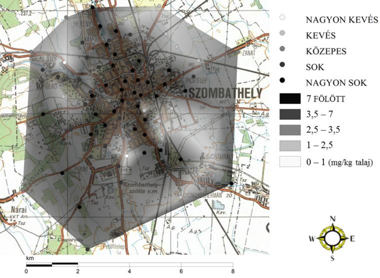 4. ábra. A cinkeredmények eloszlása 0-10 cm talajmélységben Szombathely területén.