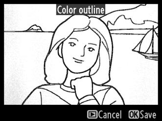Color Outline (Vonalrajz) G gomb N retusálás menü Készítse el egy fénykép vonalrajzos másolatát, hogy az festmény alapjául szolgáljon.