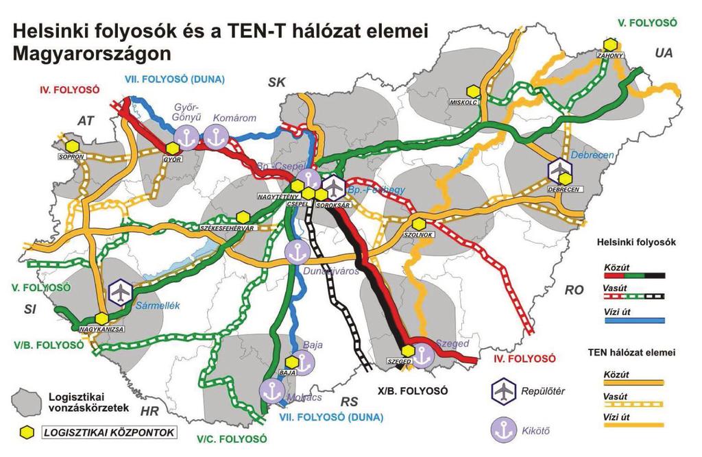 KÖzlekedésfejlesztési program Magyarországon áthaladó Páneurópai folyosók Forrás: KTI A jelenlegi adatok alapján a prognosztizált áruszállítási és motorizációs tendenciák hosszú távon