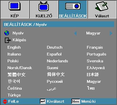 Kezelőszervek BEÁLLÍTÁSOK Nyelv Nyelv Válassza ki a többnyelvű, a képernyőn megjelenő menü nyelvét.