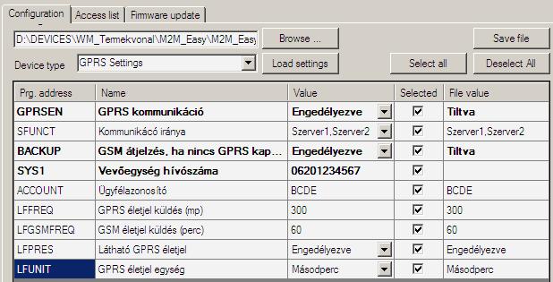 GPRS átjelzési beállítások A GPRS beállításokhoz válassza ki a Device Type-nál a GPRS Settings paraméter csoportot. Erre a program betölti az ide vonatkozó paramétereket.