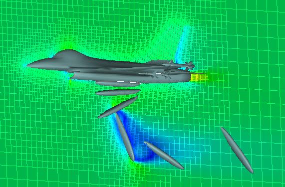 Ábra 8.19. Egy F-16.os repülőgépről kilőtt rakéta pályájának megoldása CFD-fel. Az ilyen szimulációk elvégzéséhez ún.