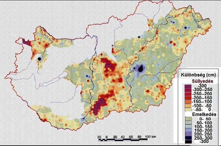 A 2000 évi és az1956-1960 évek átlagos talajvíz-állás különbsége Forrás: