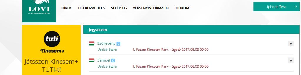 A funkció indulásakor az Ön által az egyes indulókhoz berögzített jegyzetek. (A jegyzetek berögzítésére a Fogadási segédszelvény funkcióban van lehetősége.