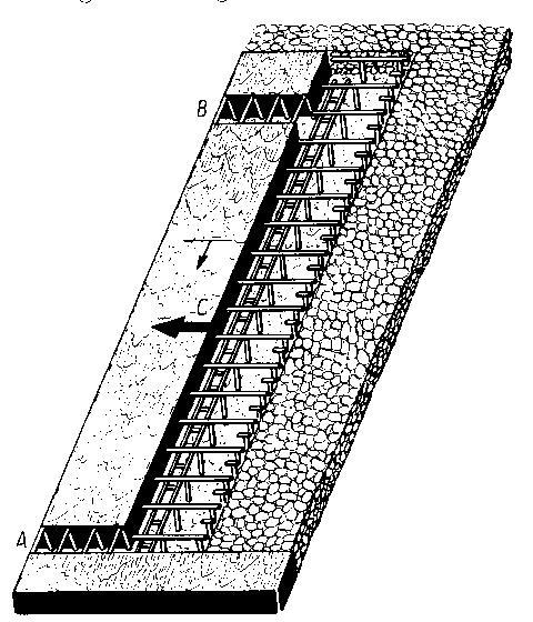 42. ábra: Fejtések telepítése A fővágatokból indított fejtési vágatokat összekötve alakítható ki a fejtési homlok, ami frontszerűen, akár több száz méter szélességben egyszerre halad előre.