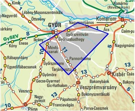 51. ábra: A koncesszióra javasolt terület térségének (Győr Sopron Moson, valamint Komárom Esztergom megye) vasúti közlekedési hálózatának térképe (ALAPPONT 2006 nyomán) A vizsgálati terület
