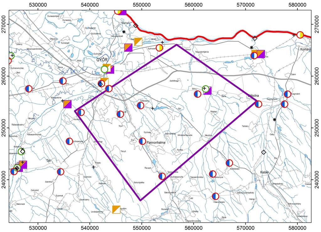 Víztest azonosító Terület+ Győr geotermikus koncesszióra javasolt terület komplex érzékenységi és terhelhetőségi vizsgálati jelentés tervezete Víztest név Területre esik (db) 5 km-es környezetbe esik