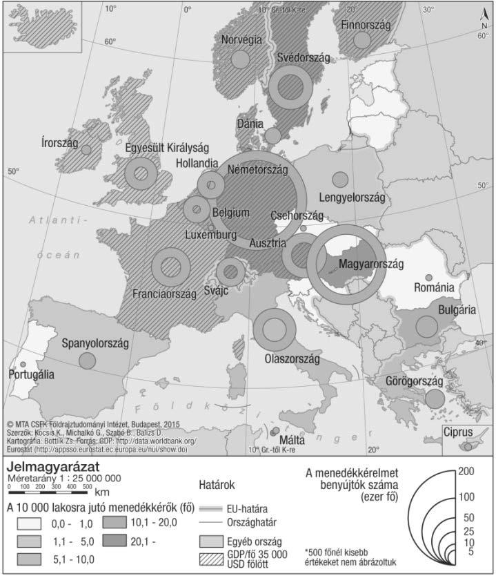 Az Európát érintő közelmúltbeli vándorlások területi jellemzői 5. ábra. Az Európai Gazdasági Térség országaiban menedékkérelmet benyújtottak (2015.