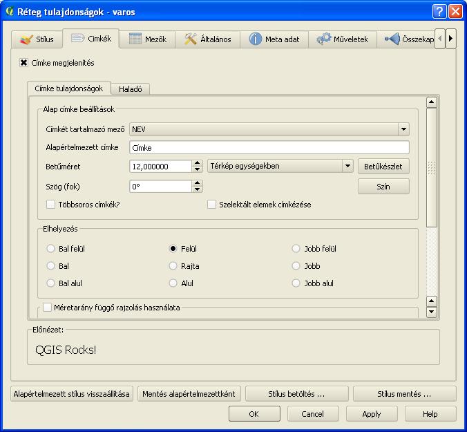 A térképre kerülő feliratokat a Címkék fülön állíthatjuk be.