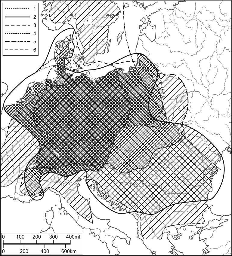 100 Hardi Tamás 2.1.4 ábra: Közép-Európa természeti földrajzi alapú lehatárolásainak összegzése Jelmagyarázat: 1: Penck 1887; 2: