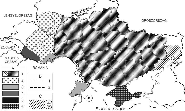 212 Hardi tamás Uszkai Andrea 3.3.1 ábra: Ukrajna területének történelmi kialakulása jelmagyarázat: A/1. Ukrán szovjet szocialista köztársaság (1922); 2.