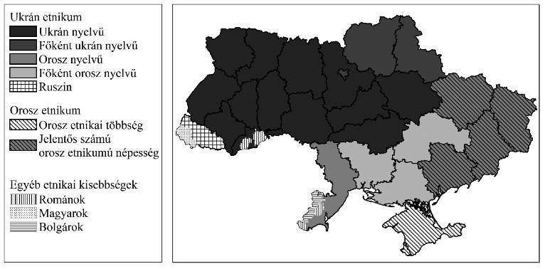 Ukrajna, a nagy területű, történelmileg tagolt szomszéd 215 Az etnikai felosztás mellett fontos megemlíteni a nyelvi különbségeket is.