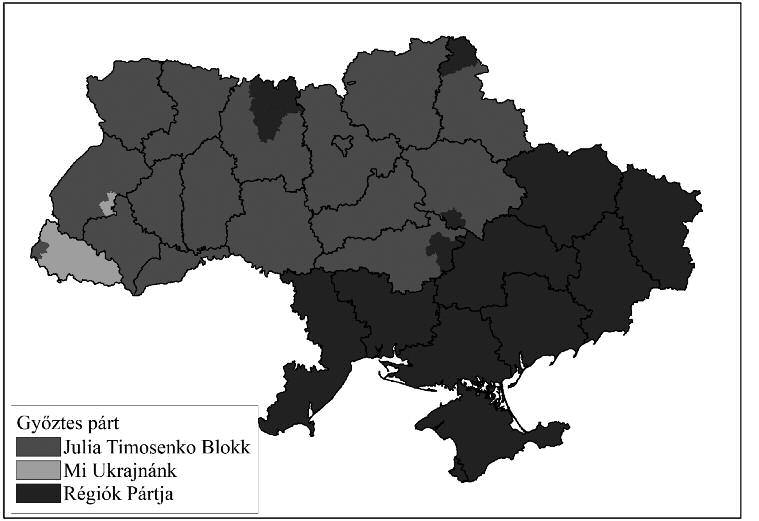 Ukrajna, a nagy területű, történelmileg tagolt szomszéd 217 3.3.5 ábra: A 2007. évi ukrán parlamenti választások eredményei körzetenként (%) forrás: http://www.electoralgeography.