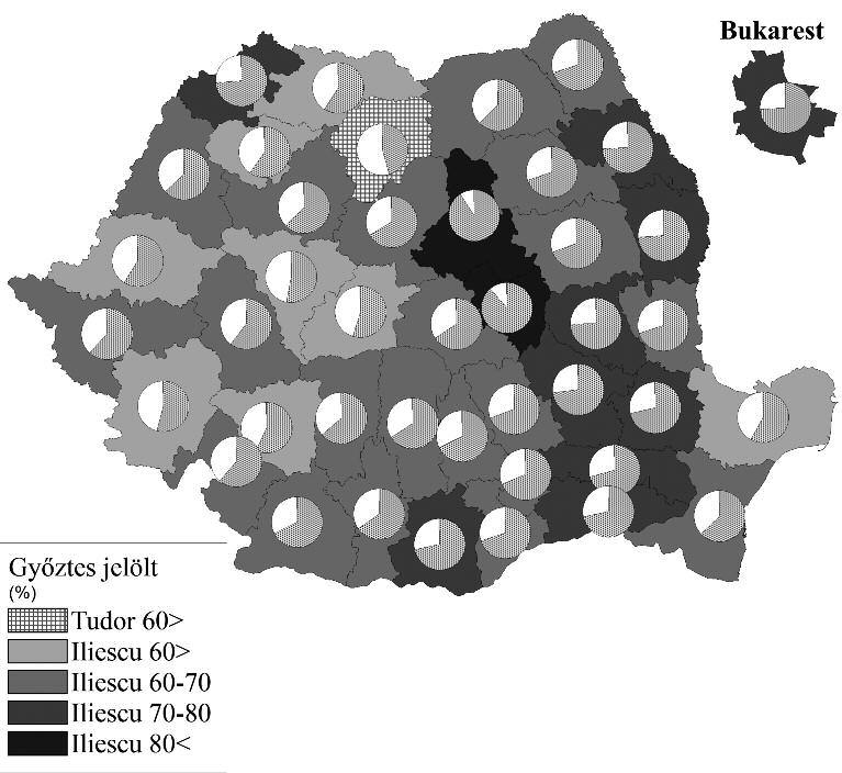 térfelfogások, terek, régiók romániában 267 3.4.25 ábra: elnökválasztási eredmény 2000-ben, második forduló forrás: european election database adatai alapján szerk. Hardi t.