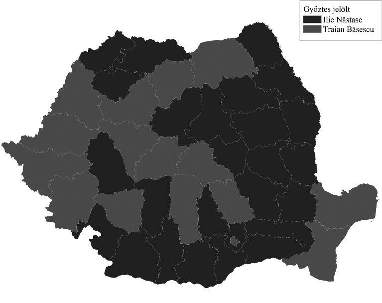 268 miklósné zakar Andrea 3.4.26 ábra: A román elnökválasztás voksainak területi megoszlása a második fordulóban 2004-ben forrás: https://ro.wikipedia.