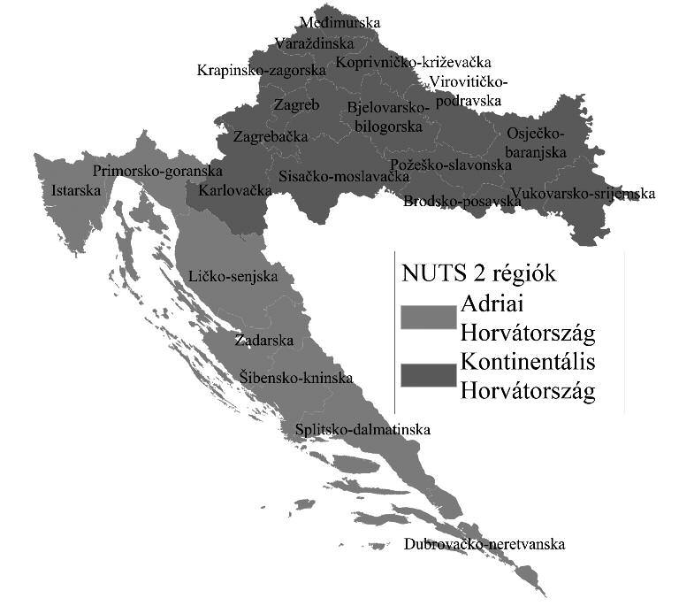 Horvátország közigazgatási térfelosztásának történeti átalakulása... 327 3.7.4 ábra: Horvátország nuts 2-es beosztása forrás: Hardi t. szerk.