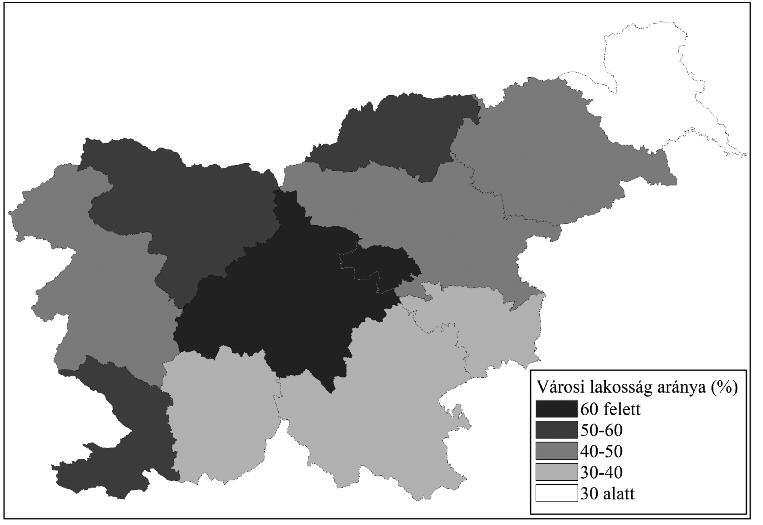 szlovénia földrajzi terei 337 A városi lakosság aránya széles értékhatárok között mozog. míg a főváros régiójában megközelíti a 70%-ot, addig a muravidék régióban 30% alatt marad (3.8.