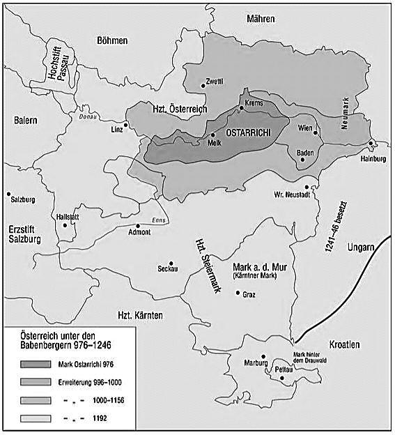 Ausztria közigazgatási térfelosztásának történeti átalakulása... 345 3.9.1 ábra: Ausztria területi gyarapodása a Babenberg-dinasztia (976 1246) uralkodása alatt forrás: scheuch 2008.