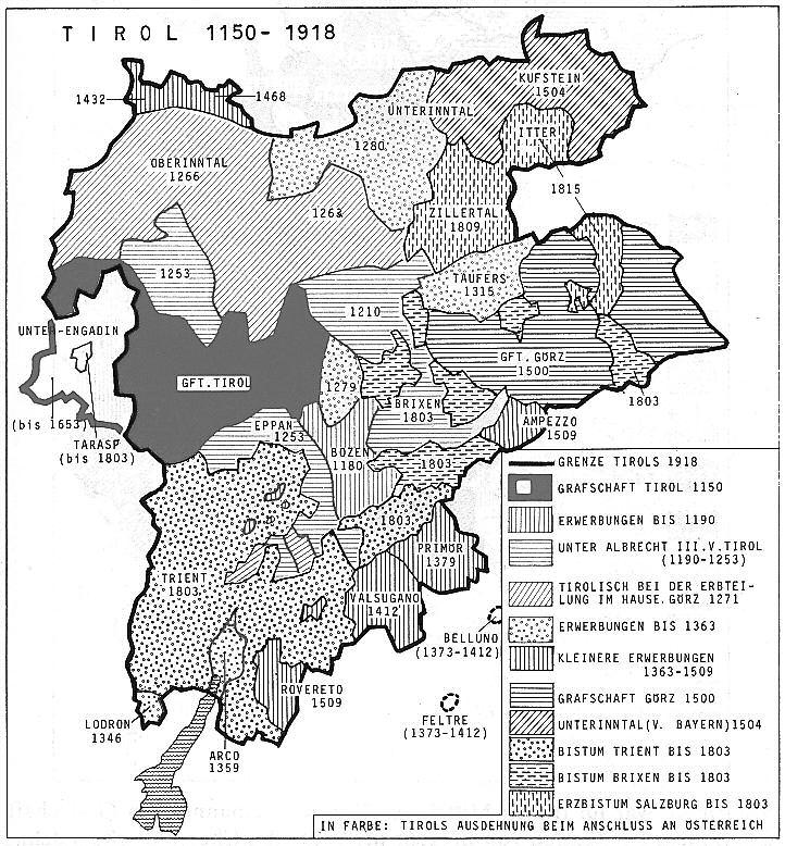 372 Uszkai Andrea (113 494 fő) olasz, 4% (18 736 fő) ladin és 7% más nemzetiségű alkotta dél-tirol lakosságát (ádám 2008). tirol tartomány kialakulását 1150 és 1918 között a 3.9.18 ábra szemlélteti.