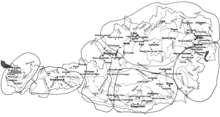 Ausztria közigazgatási térfelosztásának történeti átalakulása... 385 A következő felosztás meglehetősen egyedinek számít a kérdőívek között.