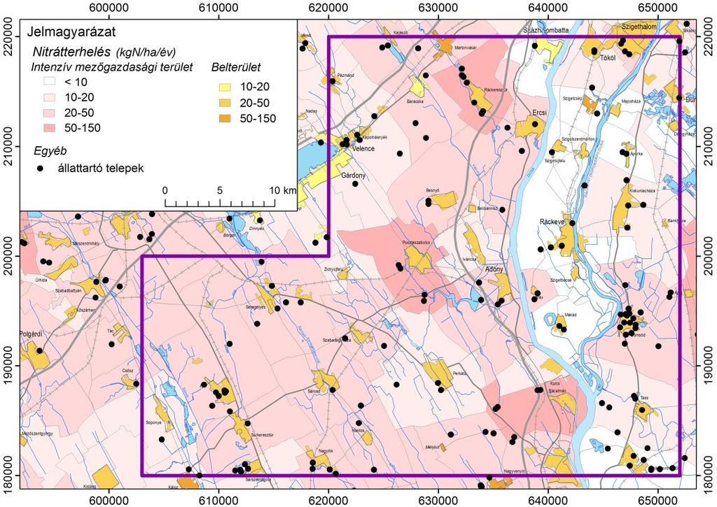 Ercsi. Komplex érzékenységi és terhelhetőségi vizsgálati jelentés 33. ábra. Települési és mezőgazdasági nitrátterhelés, nagylétszámú állattartó telepek 1.4.2.