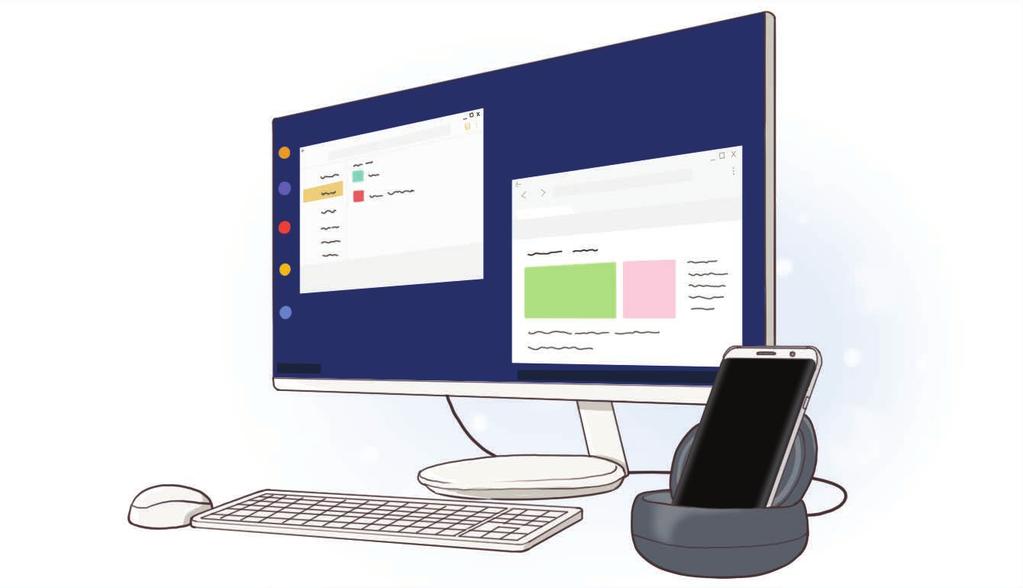 Alkalmazások és funkciók Samsung DeX A Samsung DeX egy olyan szolgáltatás, amely lehetővé teszi, hogy külső kijelzőhöz, például TV-hez vagy monitorhoz történő csatlakoztatással számítógépként