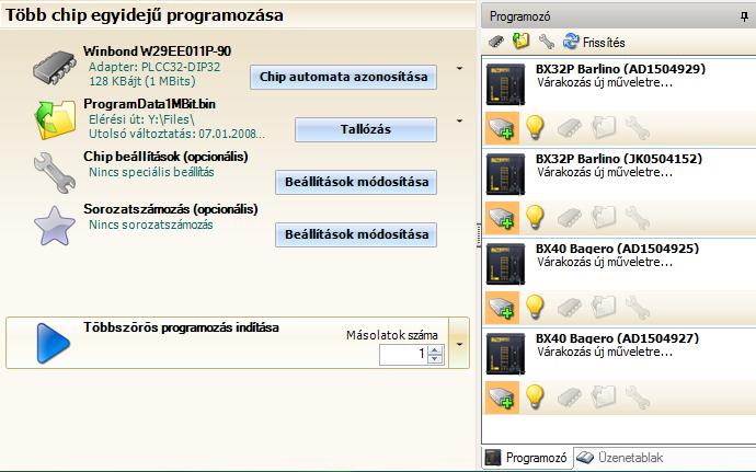 Több chip egyidejű programozása A Több chip egyidejű programozása több chip több eszközön való szimultán programozásához kínál optimalizált kezelőfelületet.