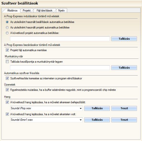 Szoftver beállítások A szoftverbeállításoknál a következő dolgok állíthatók be: a Prog-Express indításakor vagy bezárásakor történő műveletek, a megjelenítendő üzenetek, a műveletek befejezésekor